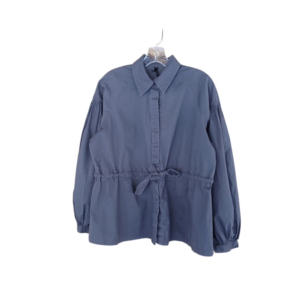 Lapis Gray Tie Waist Button Down Balloon Sleeve Shirt Large